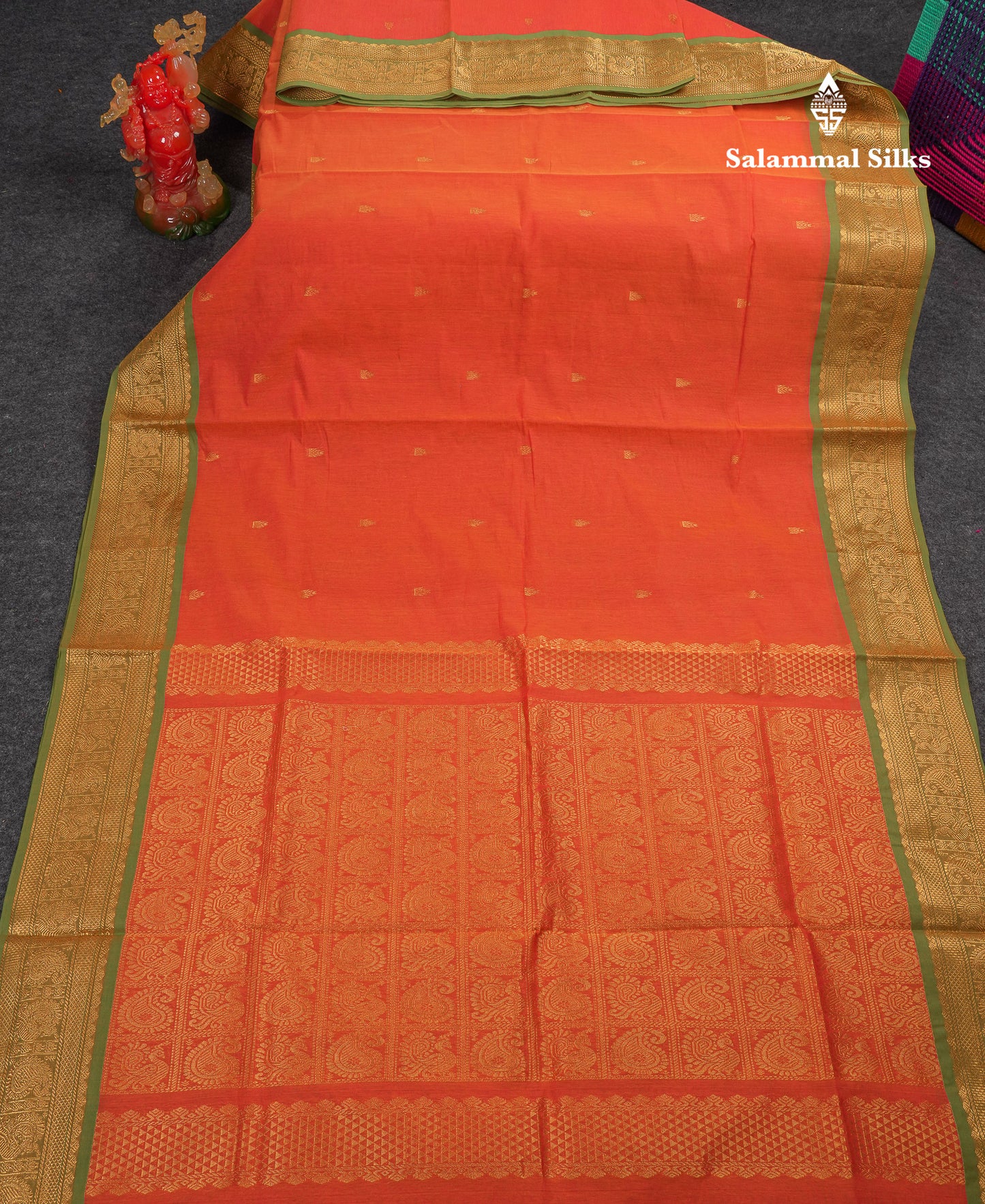 Beautiful Orange Pure Cotton Saree With Contrast Parrot Green Traditional Border