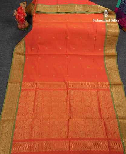 Beautiful Orange Pure Cotton Saree With Contrast Parrot Green Traditional Border