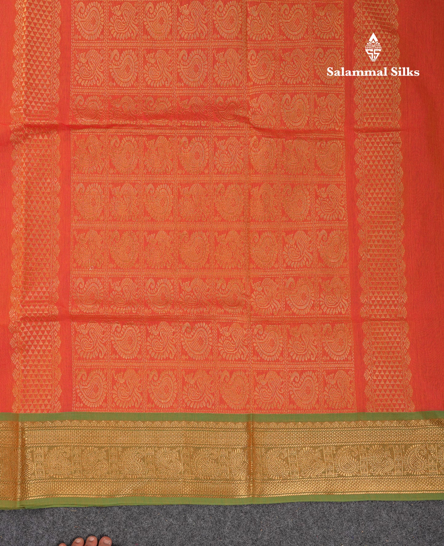 Beautiful Orange Pure Cotton Saree With Contrast Parrot Green Traditional Border