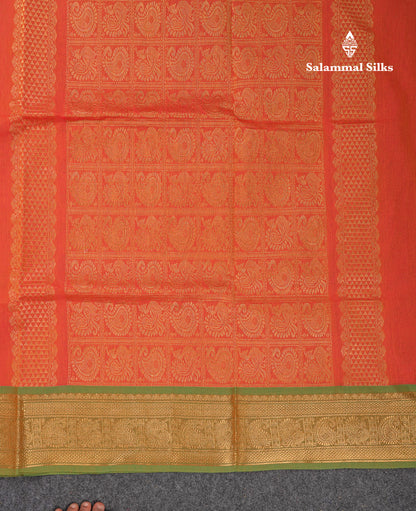 Beautiful Orange Pure Cotton Saree With Contrast Parrot Green Traditional Border