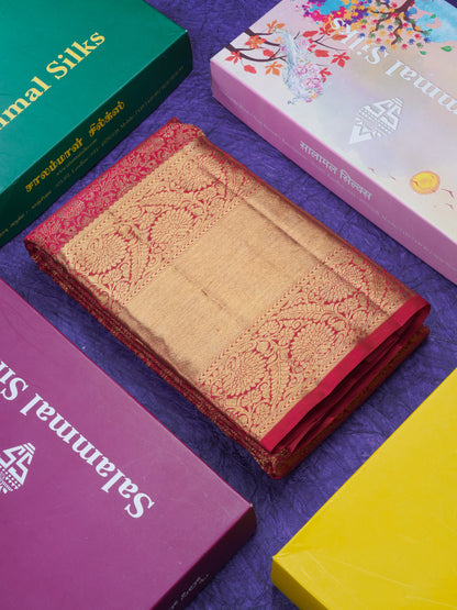 Pure Zari Maroon Pure Kanjivaram Silk Saree With Long Gold Zari Border
