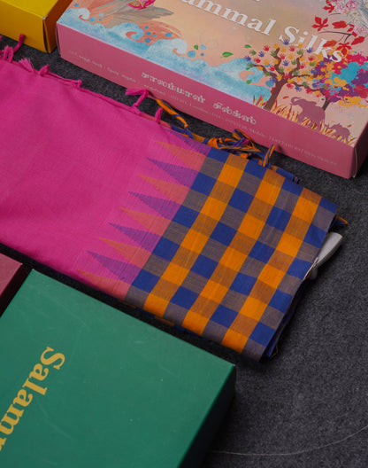 Beautiful Pink Plain Pure Cotton Saree With Traditional Paalum Pazham Checks Border
