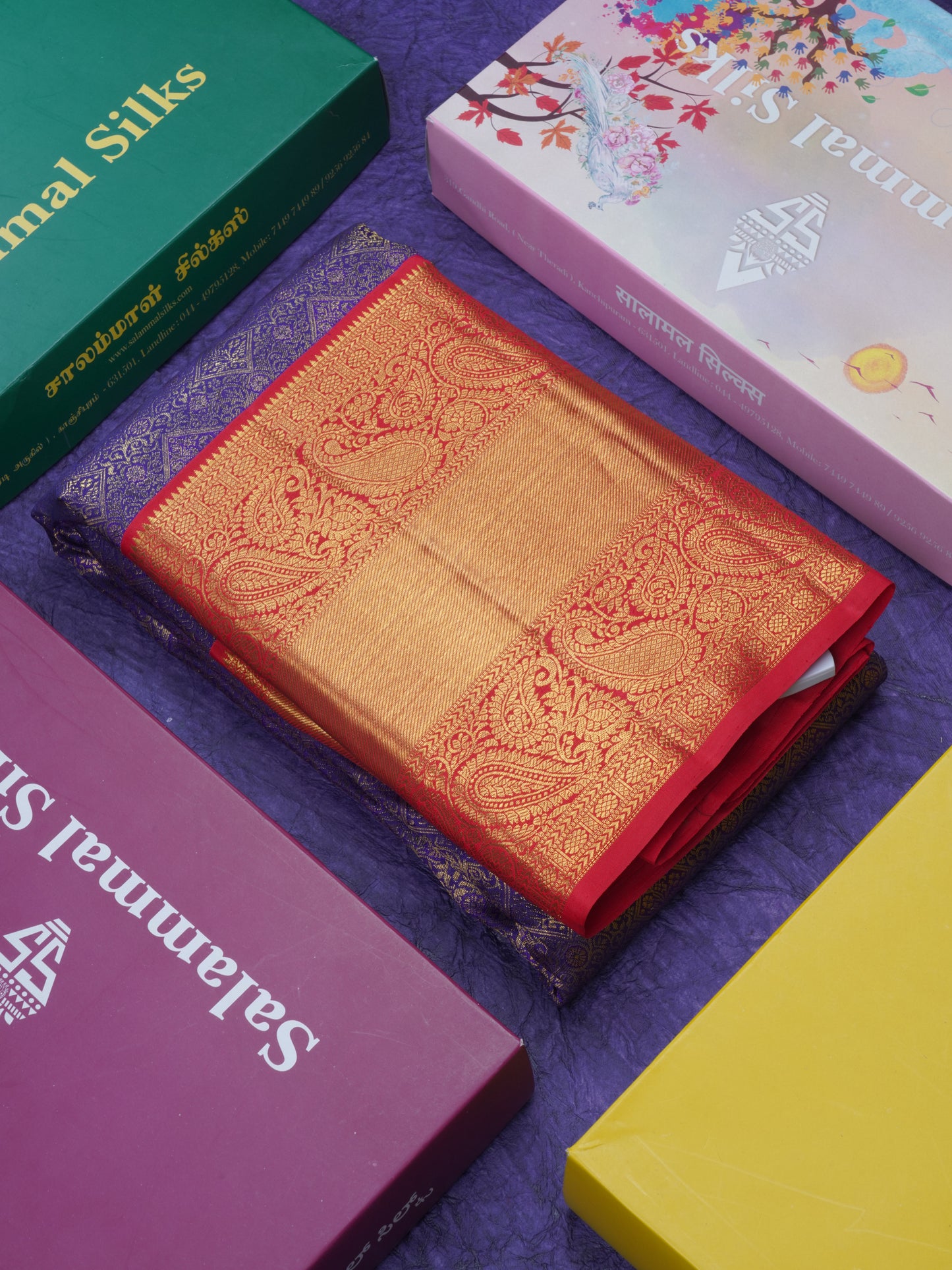 Korvai Violet Pure Kanjivaram Silk Saree (2G) Zari With Contrast Red Border