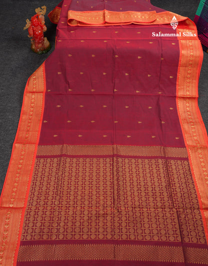 Beautiful Dual Tone Maroon Pure Cotton Saree With Contrast Orange Traditional Border