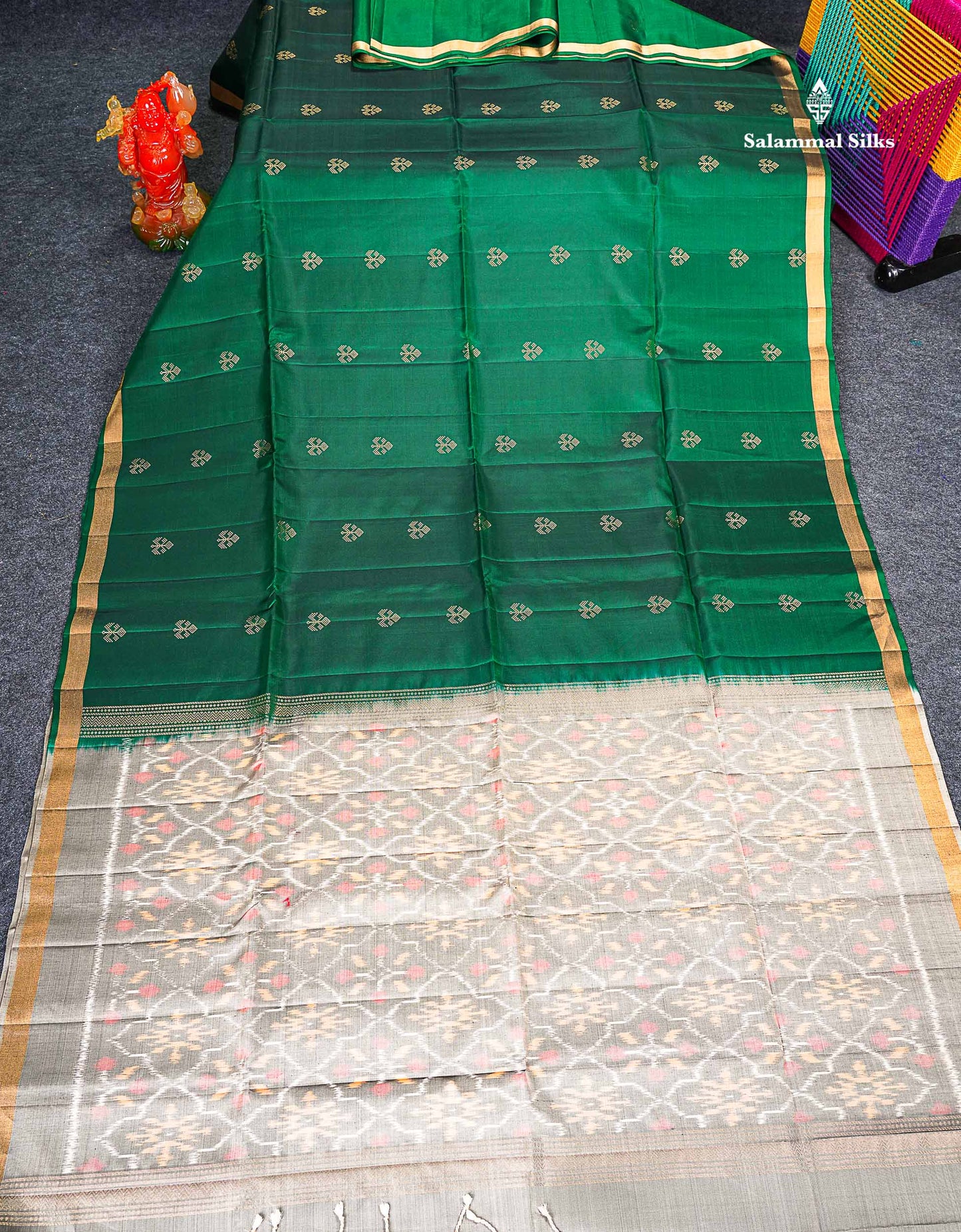 Pure Mix Soft Silk Saree - Bottle Green Colour Body With Contrast Grey White Blouse 