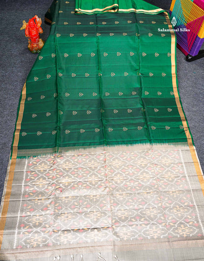 Pure Mix Soft Silk Saree - Bottle Green Colour Body With Contrast Grey White Blouse 
