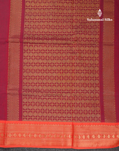 Beautiful Dual Tone Maroon Pure Cotton Saree With Contrast Orange Traditional Border