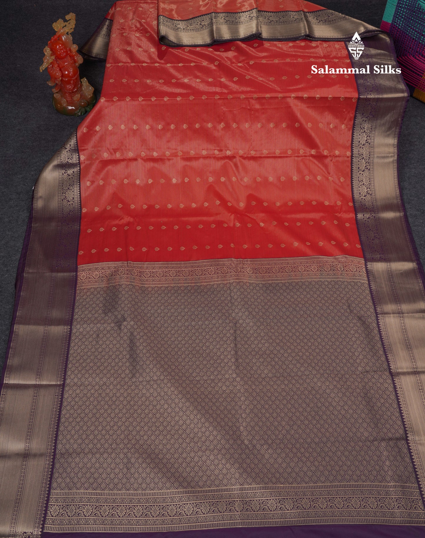 Beautiful Dual Tone Red Vaira Oosi Lines With Butta Semi Silk Saree With Contrast Dark Violet Traditional Border