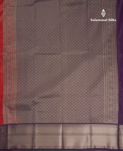 Beautiful Dual Tone Red Vaira Oosi Lines With Butta Semi Silk Saree With Contrast Dark Violet Traditional Border
