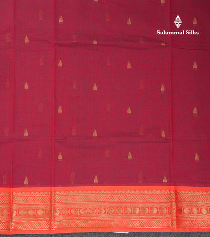 Beautiful Dual Tone Maroon Pure Cotton Saree With Contrast Orange Traditional Border