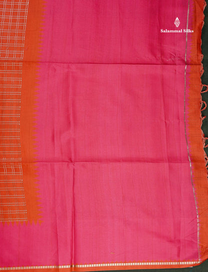 Semi Tussar Saree - Orange Colour Body With Contrast Pink Border