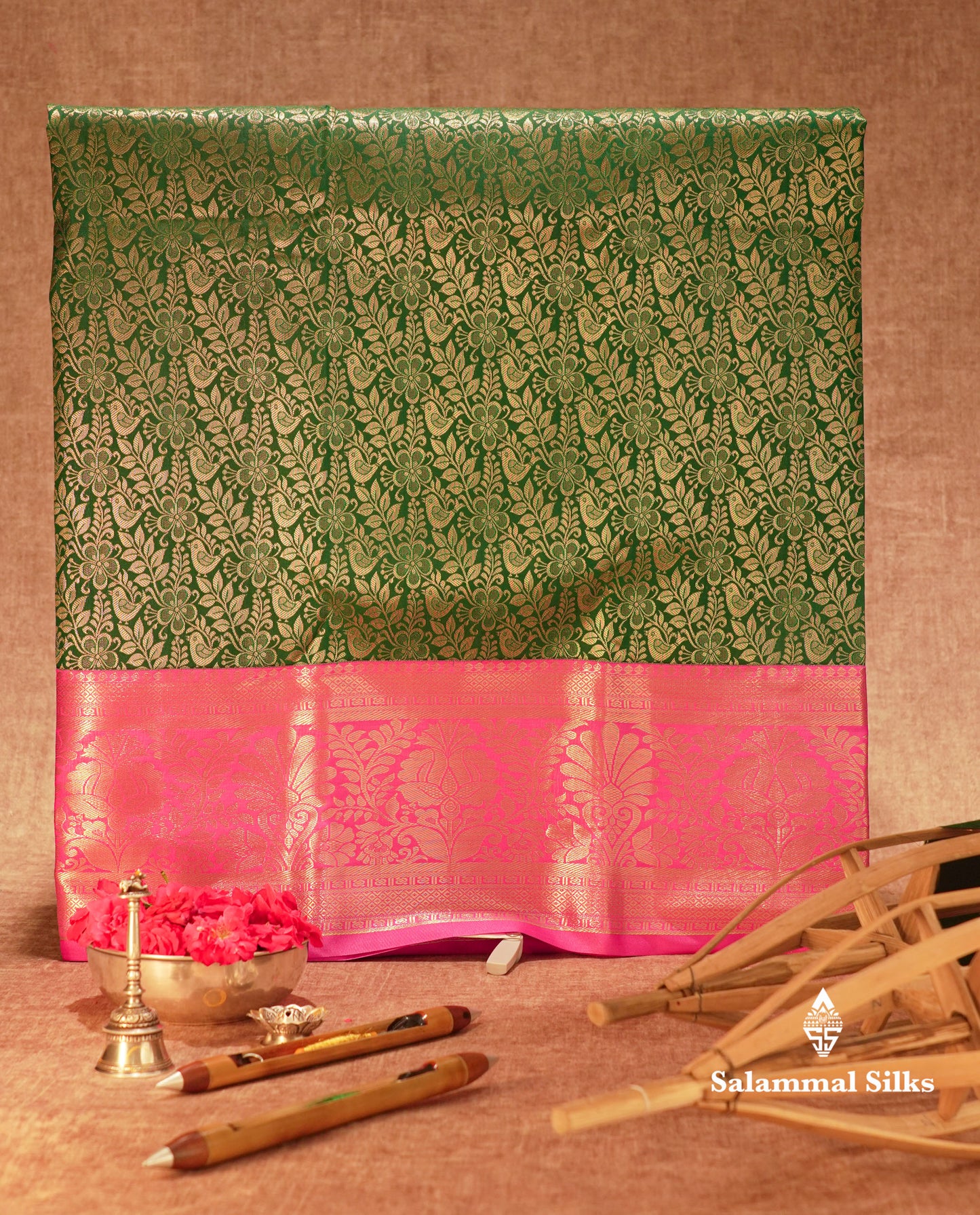 Semi Silk Pattu Pavadai ( Bottle Green ) With Pink Blouse 36"