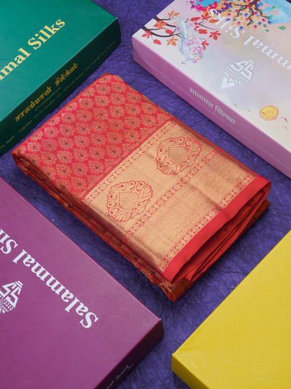 Reddish Pink Meenakari Work Pure Kanjivaram Silk Saree 3G Zari with Traditional Gold Zari Border