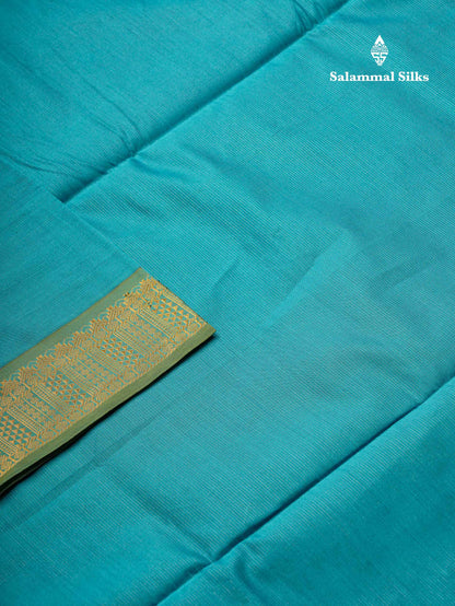 Beautiful Dual Tone Blue Vaira Oosi Lines Semi Silk Cotton Saree With Contrast Parrot Green Blouse