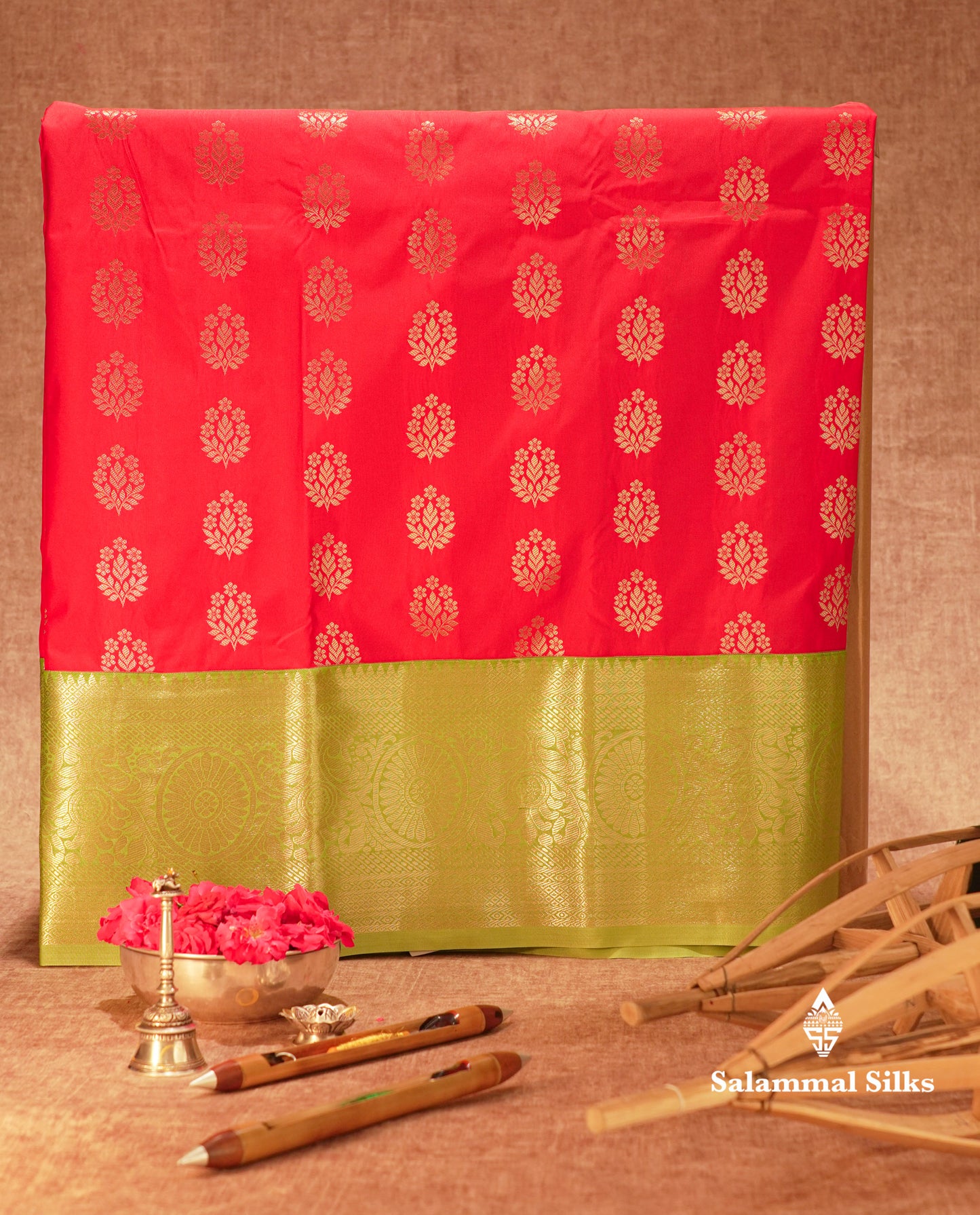 Semi Silk Pattu Pavadai ( Chilly Red ) With Parrot Green Blouse 36"