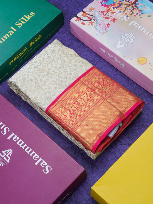 Half White Pure Kanjivaram Silk Saree 2G Zari With Contrast Pink Traditional Border