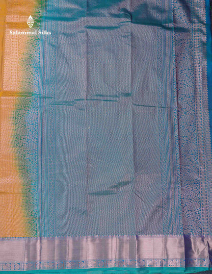 Beautiful Cream Sandal Zari Butta Semi Silk Saree With Contrast Sapphire Green Traditional Border