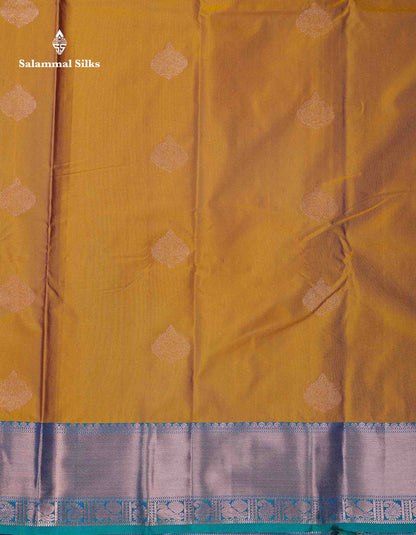 Beautiful Cream Sandal Zari Butta Semi Silk Saree With Contrast Sapphire Green Traditional Border