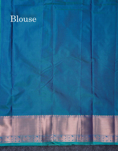 Beautiful Cream Sandal Zari Butta Semi Silk Saree With Contrast Sapphire Green Traditional Border