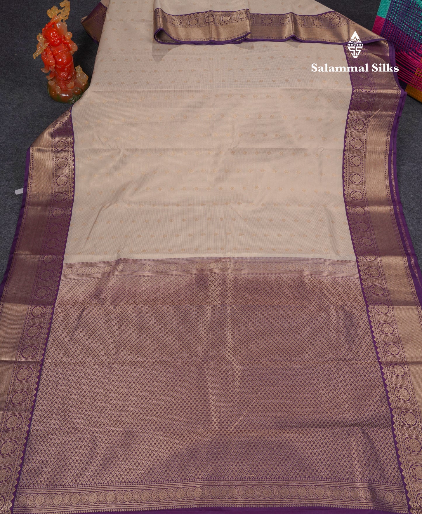 Beautiful Half White Vaira Oosi Tiny Checks With Butta Semi Silk Saree With Contrast Dark Violet Traditional Border