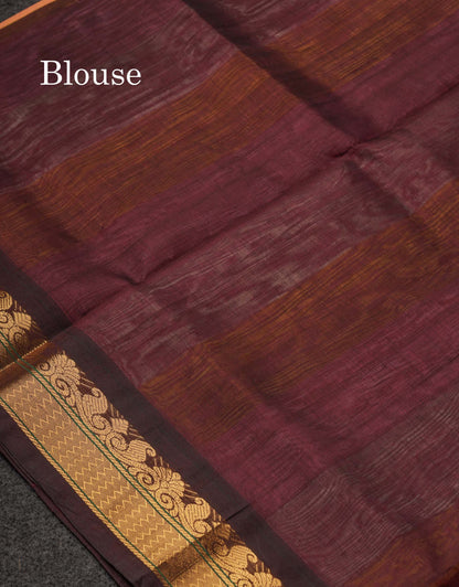 Beautiful Multicolour Pure Silk Cotton Saree With Contrast Dark Brown Traditional Border