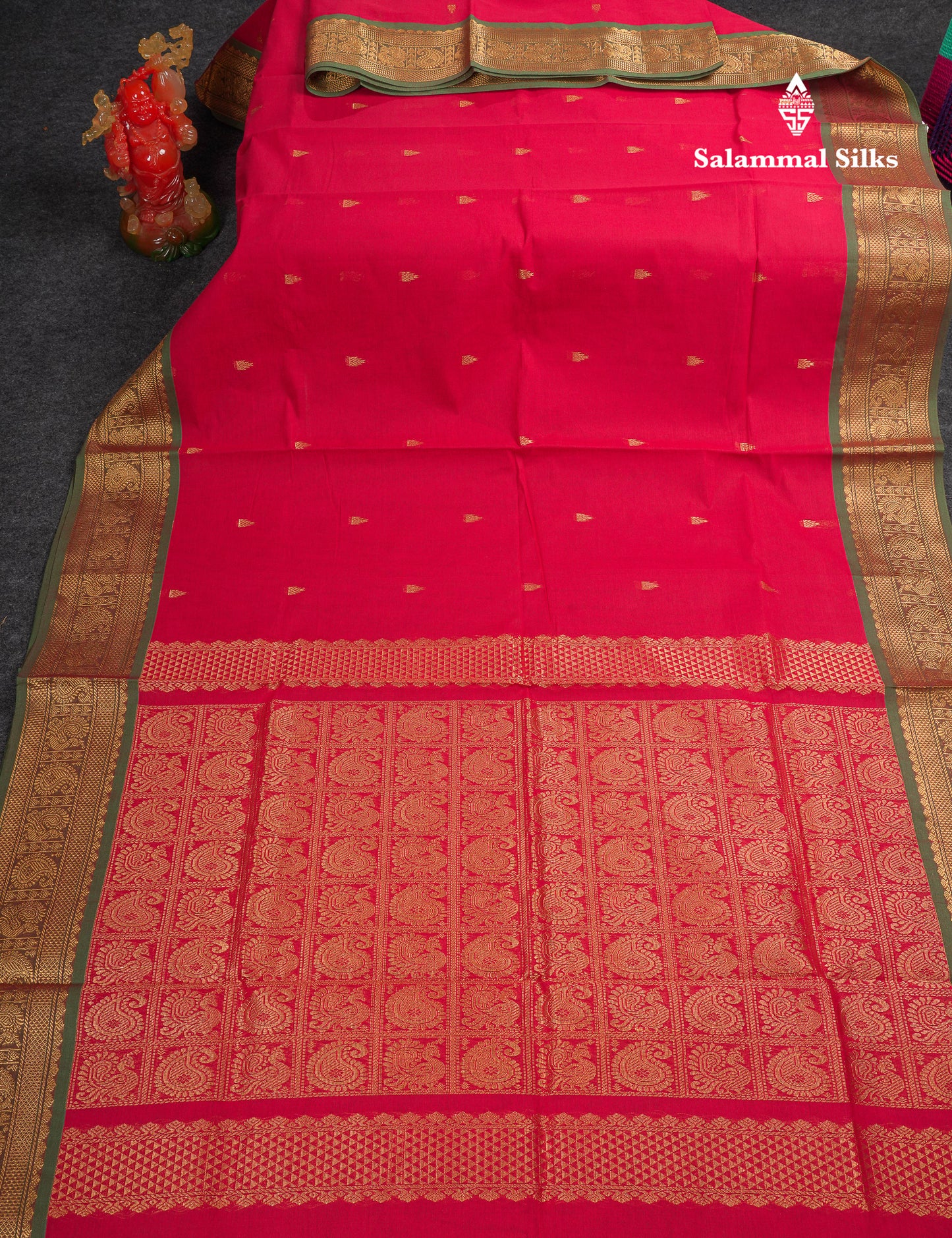 Beautiful Orange Pure Cotton Saree With Contrast Parrot Green Traditional Border
