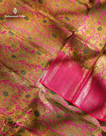 Beautiful Gold Tissue Menakari Work Pure Kanjivaram Silk Saree With Contrast Pink Border