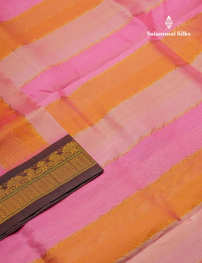 Beautiful Multicolour Pure Silk Cotton Saree With Contrast Dark Brown Traditional Border