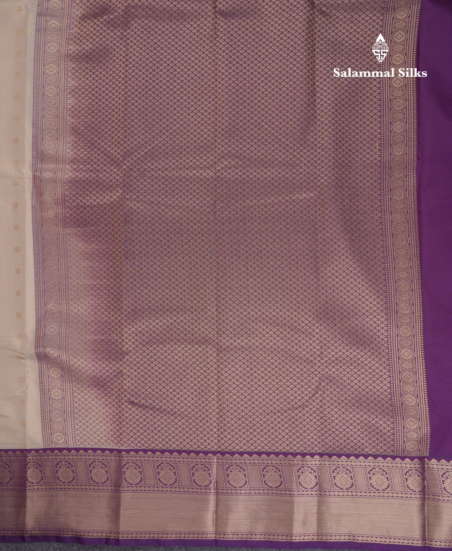 Beautiful Half White Vaira Oosi Tiny Checks With Butta Semi Silk Saree With Contrast Dark Violet Traditional Border