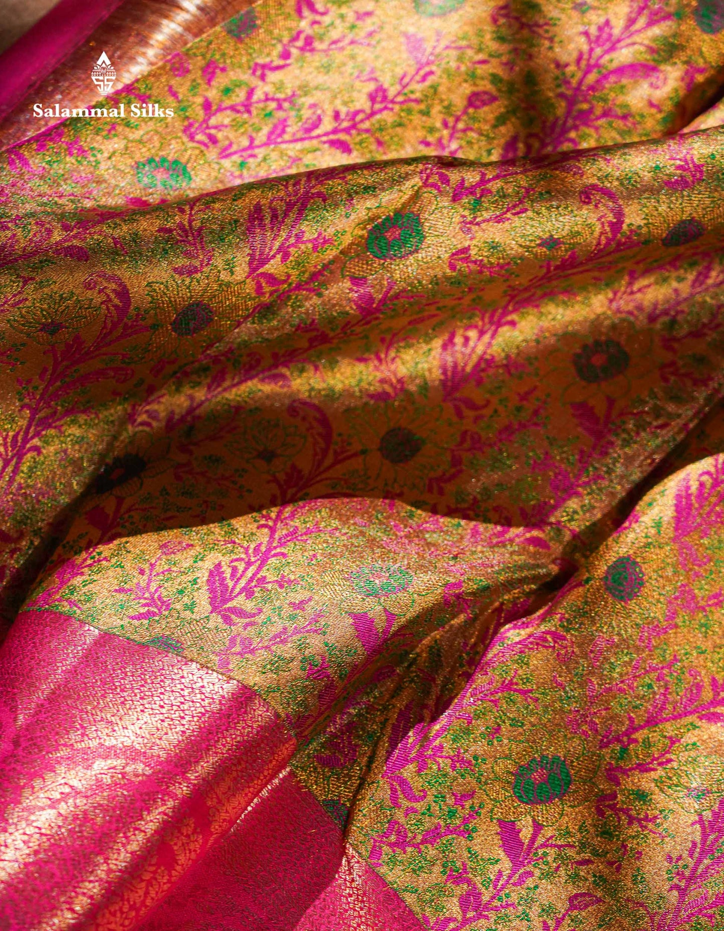 Beautiful Gold Tissue Menakari Work Pure Kanjivaram Silk Saree With Contrast Pink Border