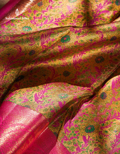 Beautiful Gold Tissue Menakari Work Pure Kanjivaram Silk Saree With Contrast Pink Border