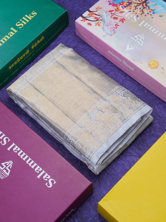 Silver Grey Pure Kanjivaram Silk Saree (2G) Zari With Self Long Border