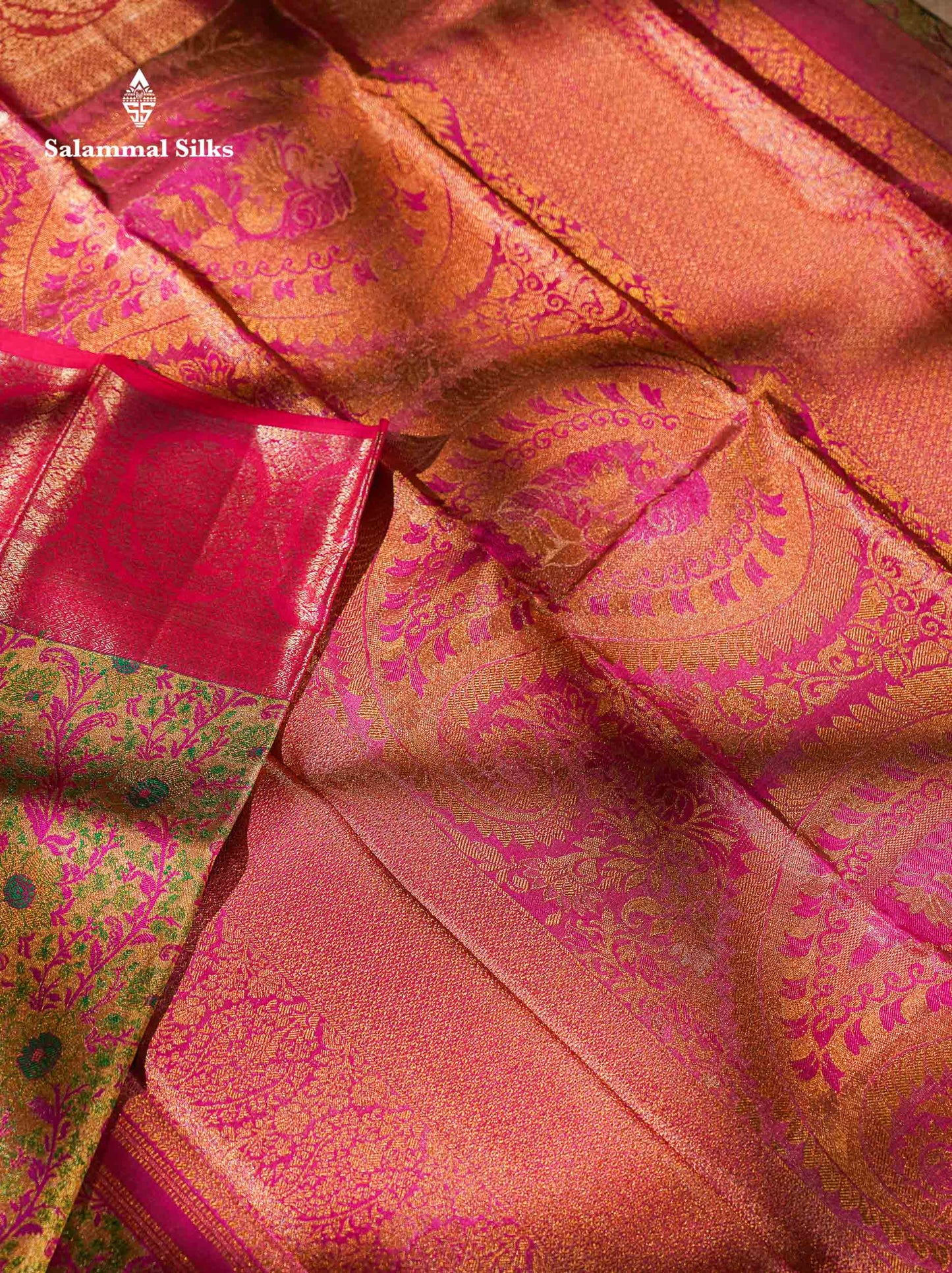 Beautiful Gold Tissue Menakari Work Pure Kanjivaram Silk Saree With Contrast Pink Border