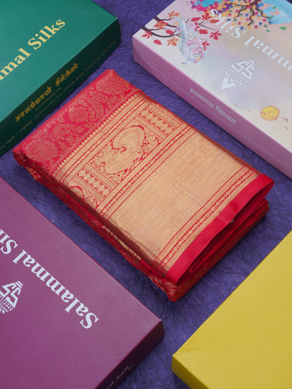 Chilly Red Pure Kanjivaram Silk Saree Pure zari (3G) with Traditional Gold Zari Border