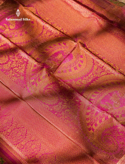 Beautiful Gold Tissue Menakari Work Pure Kanjivaram Silk Saree With Contrast Pink Border