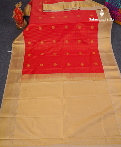 Beautiful Chilly Red Small Zari Checks With Butta Semi Silk Saree With Contrast Sandal Traditional Border