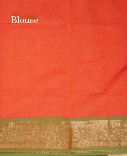 Beautiful Orange Pure Cotton Saree With Contrast Parrot Green Traditional Border