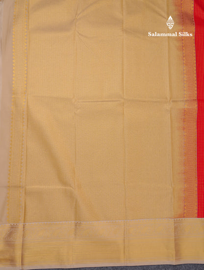 Beautiful Chilly Red Small Zari Checks With Butta Semi Silk Saree With Contrast Sandal Traditional Border