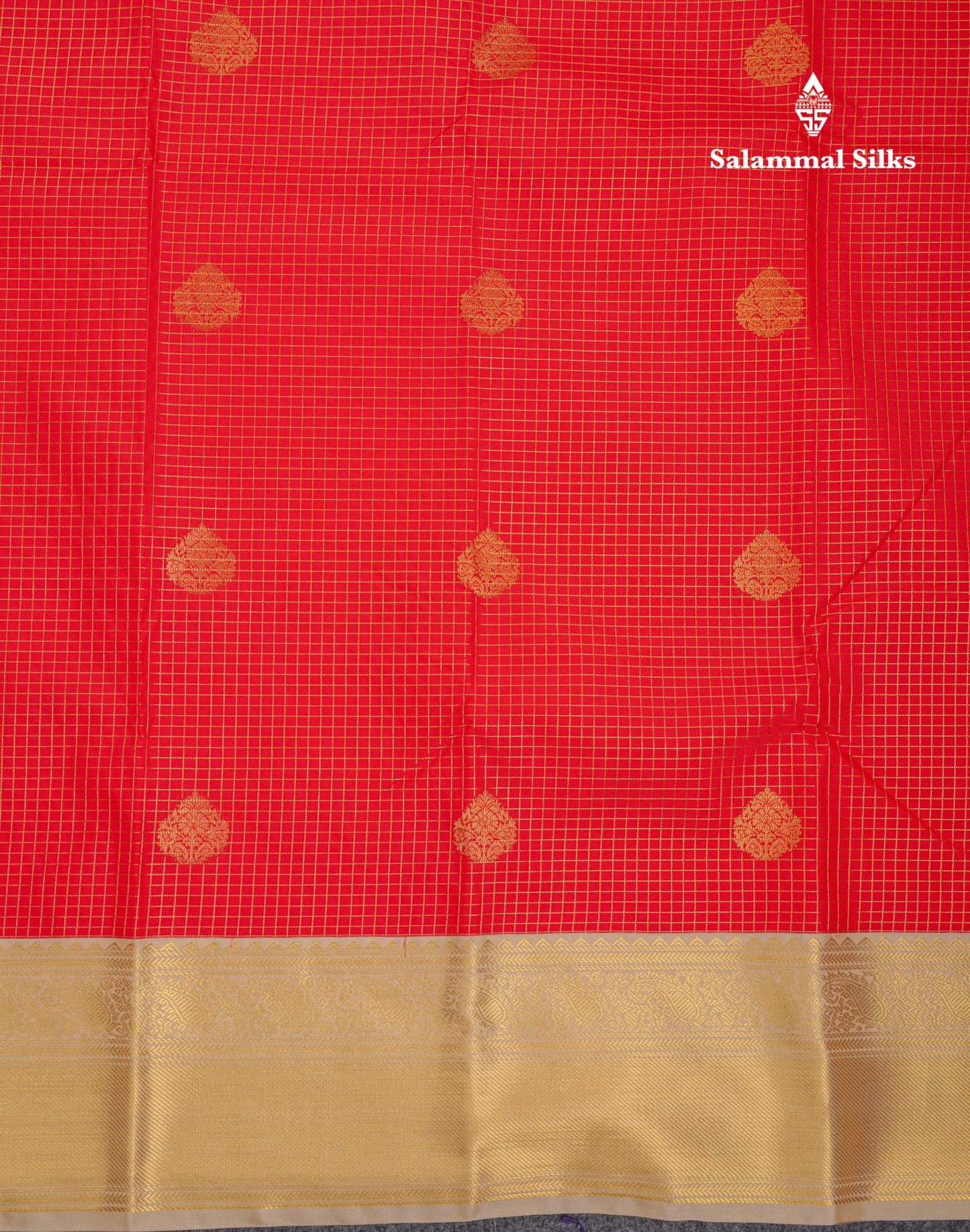 Beautiful Chilly Red Small Zari Checks With Butta Semi Silk Saree With Contrast Sandal Traditional Border