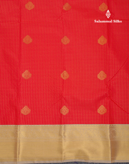 Beautiful Chilly Red Small Zari Checks With Butta Semi Silk Saree With Contrast Sandal Traditional Border