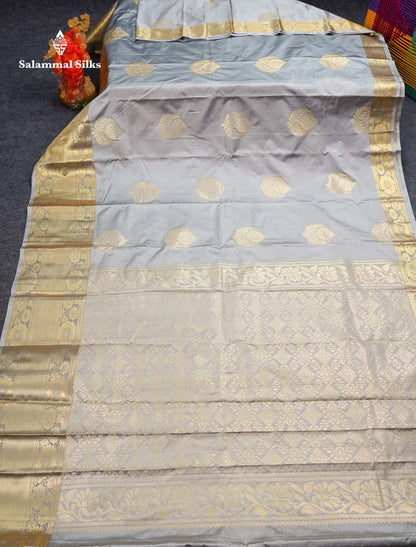 Beautiful Light Grey Semi Silk Saree With Traditional Evening Morning Border