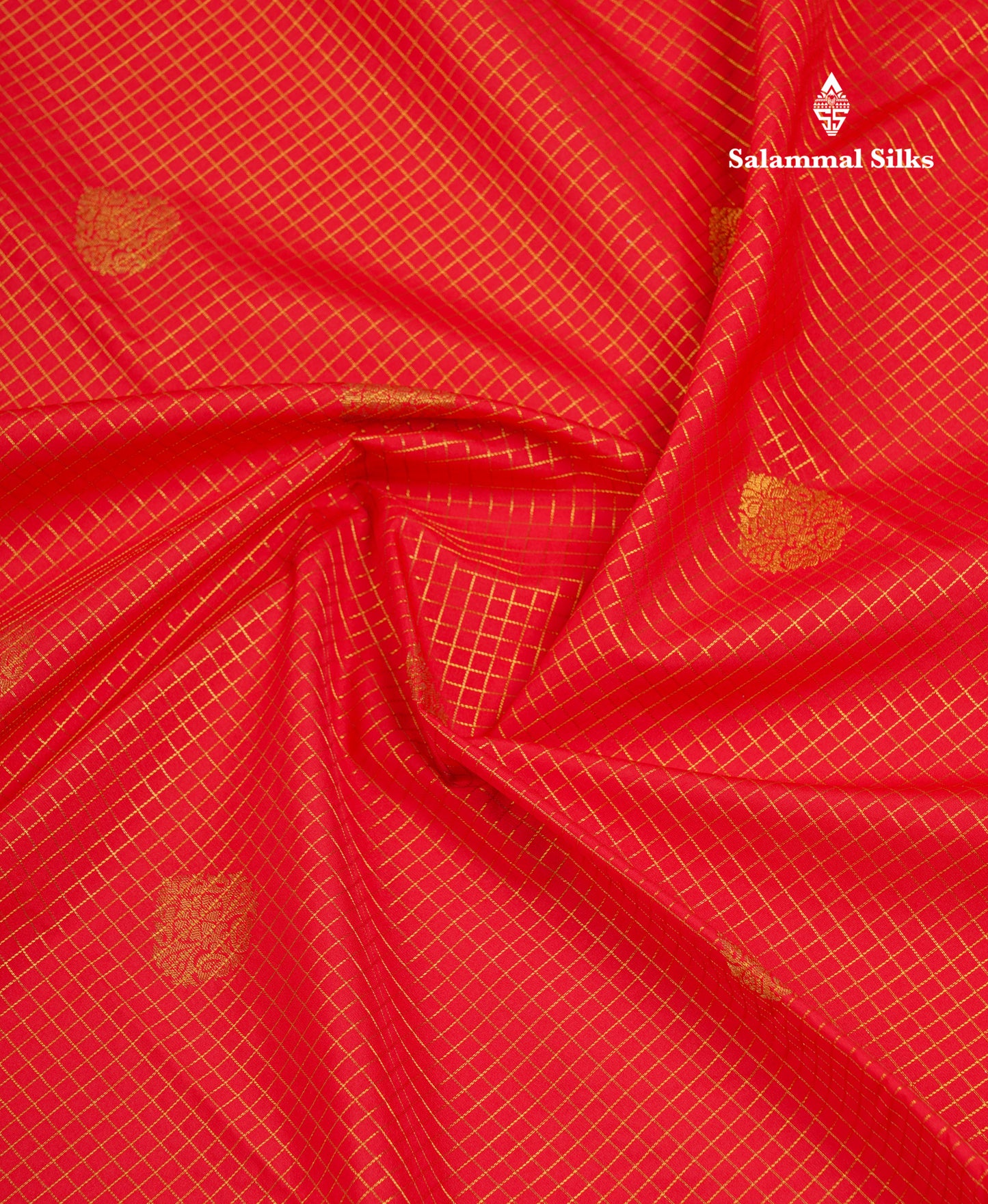 Beautiful Chilly Red Small Zari Checks With Butta Semi Silk Saree With Contrast Sandal Traditional Border