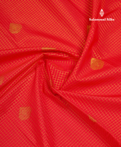 Beautiful Chilly Red Small Zari Checks With Butta Semi Silk Saree With Contrast Sandal Traditional Border