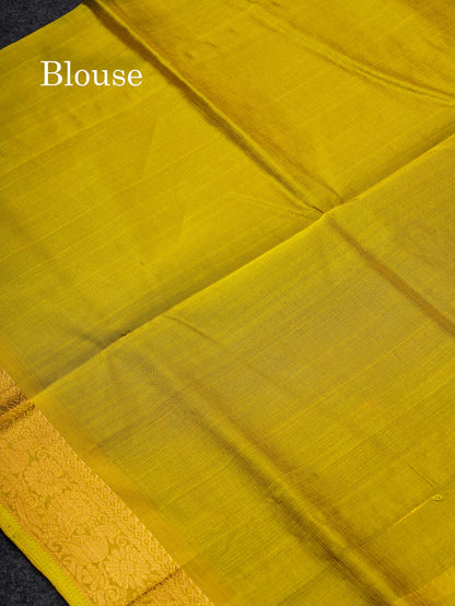 Beautiful Bottle Green Vaira Oosi With Zari Butta Semi Silk Cotton Saree With Contrast Manthulir Yellow Traditional Border