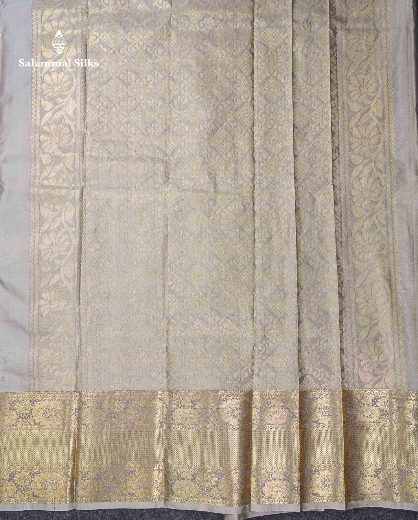 Beautiful Light Grey Semi Silk Saree With Traditional Evening Morning Border