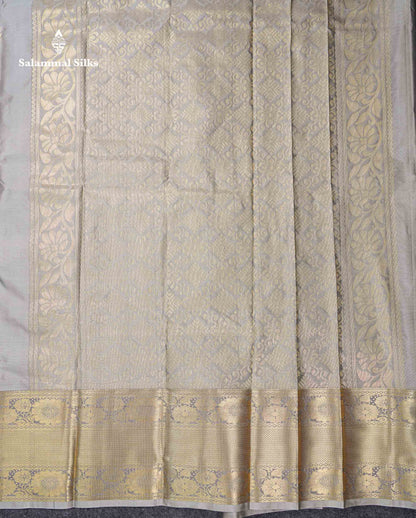 Beautiful Light Grey Semi Silk Saree With Traditional Evening Morning Border