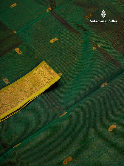 Beautiful Bottle Green Vaira Oosi With Zari Butta Semi Silk Cotton Saree With Contrast Manthulir Yellow Traditional Border