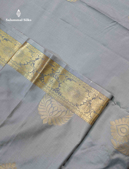 Beautiful Light Grey Semi Silk Saree With Traditional Evening Morning Border