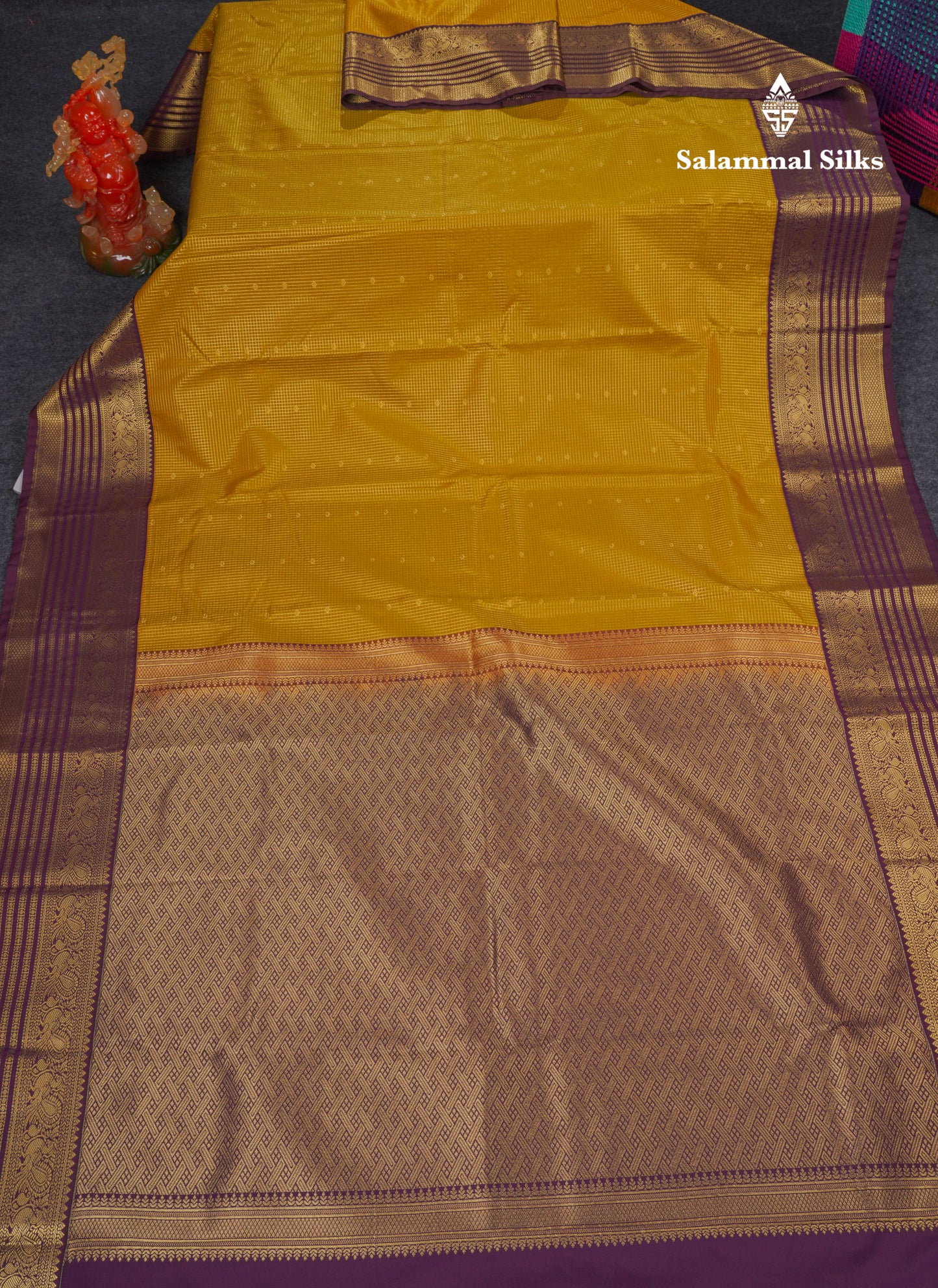 Beautiful Olive Mustard Yellow Semi Silk Saree With Contrast Dark Violet Traditional Border