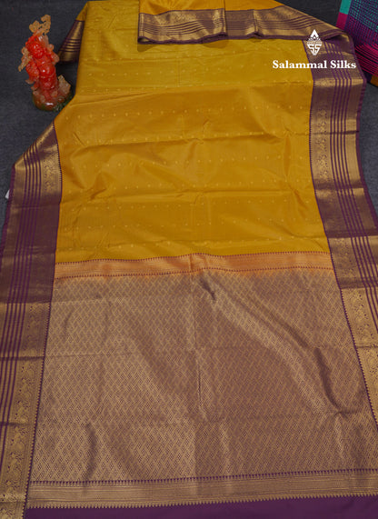 Beautiful Olive Mustard Yellow Semi Silk Saree With Contrast Dark Violet Traditional Border